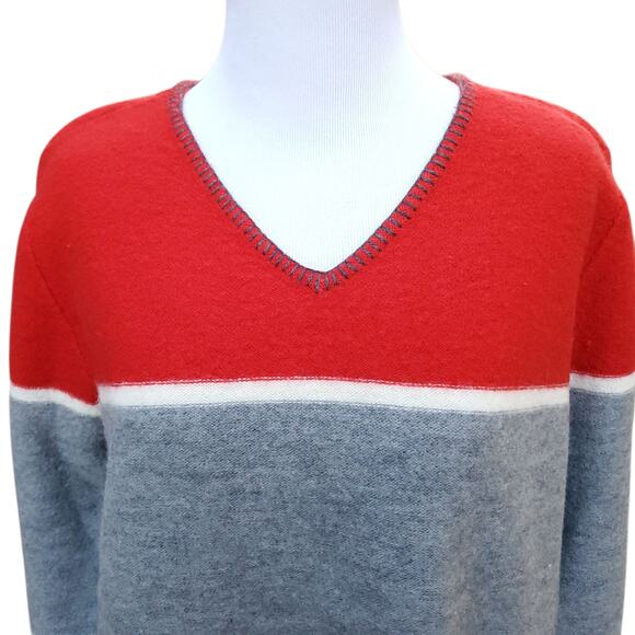 Vintage Pendleton Red Gray Wide Stripe Merino Wool Sweater Whipstitch V-neck M - Picture 2 of 13